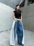 Lace Contrast Wide Denim Pants